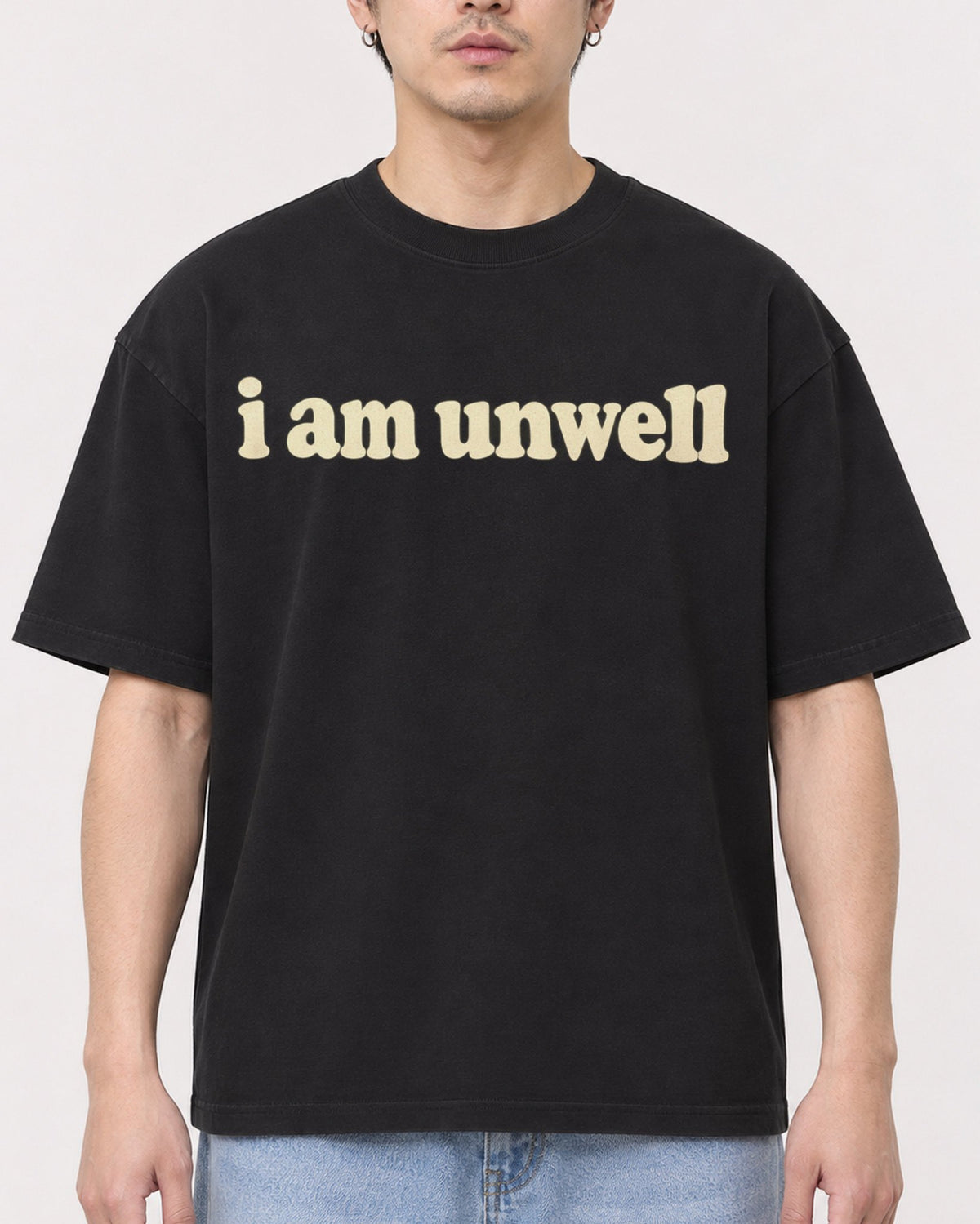 Mockup Boxy Heavyweight Tee Black male close-up 13