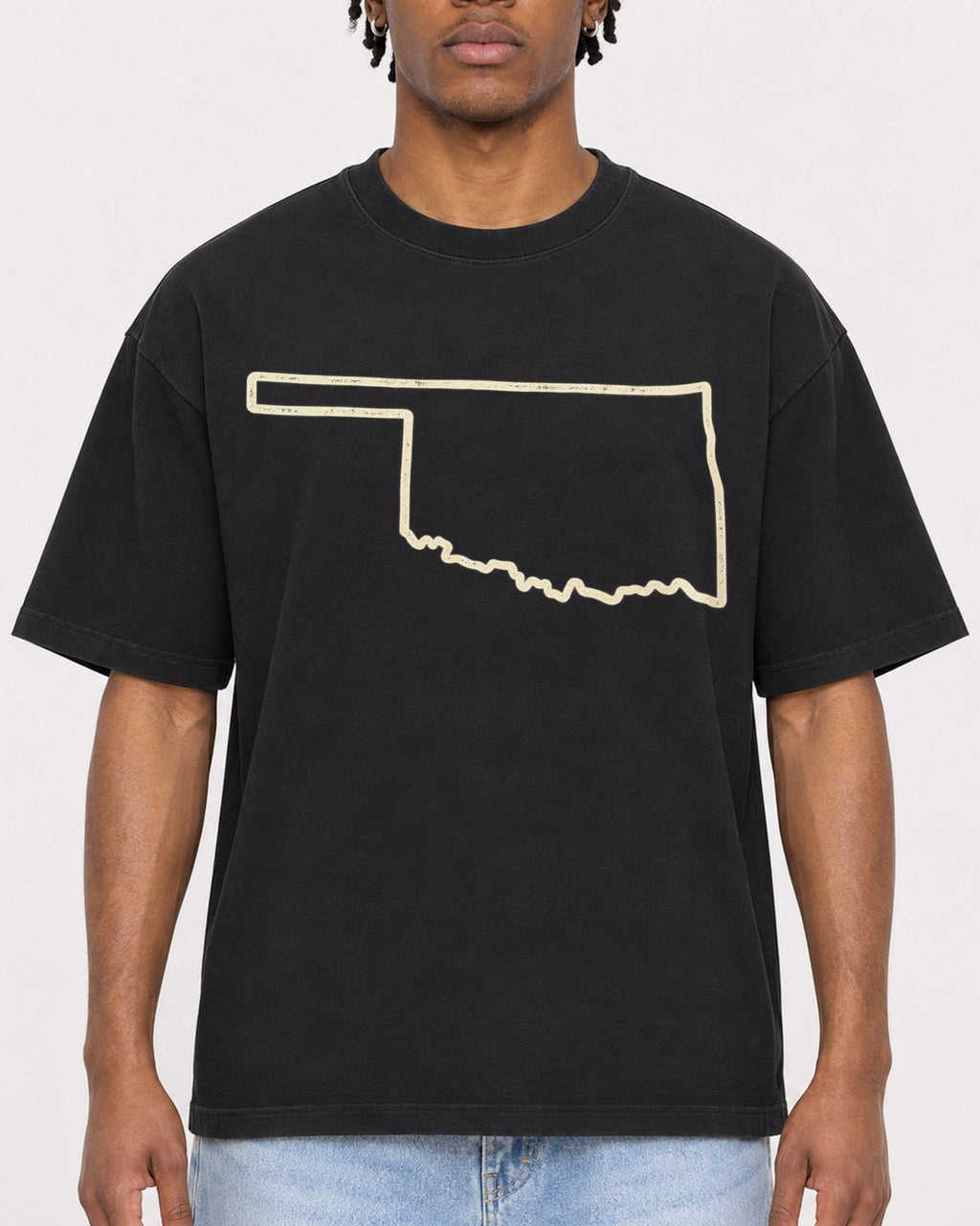 Mockup Boxy Heavyweight Tee Black male close-up 05
