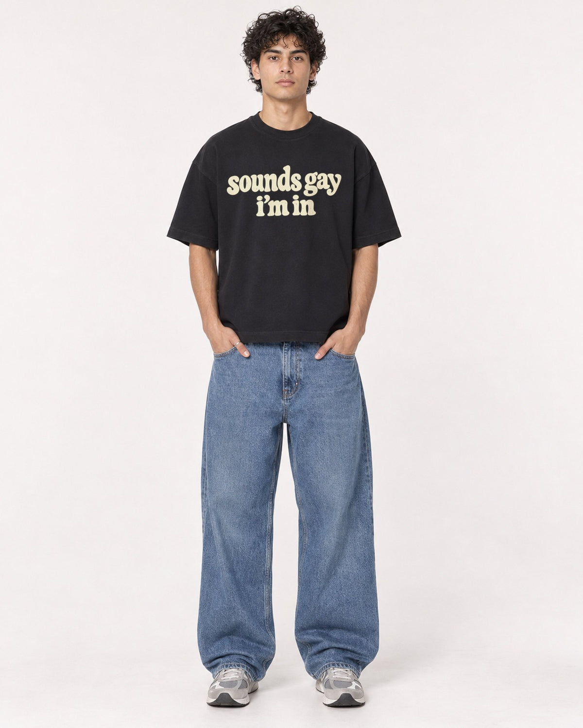 Mockup Boxy Heavyweight Tee Black male full-body 26
