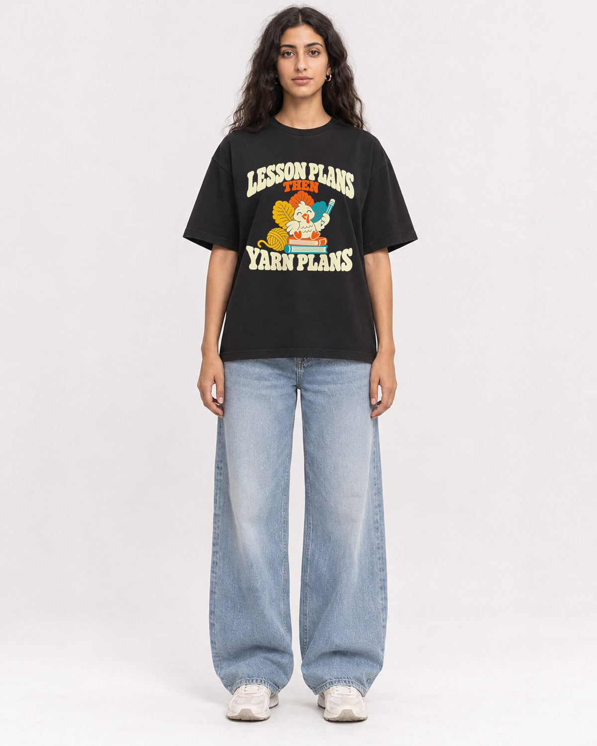 Mockup Boxy Heavyweight Tee Black female full-body 07