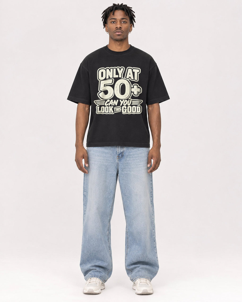 Mockup Boxy Heavyweight Tee Black male full-body 05