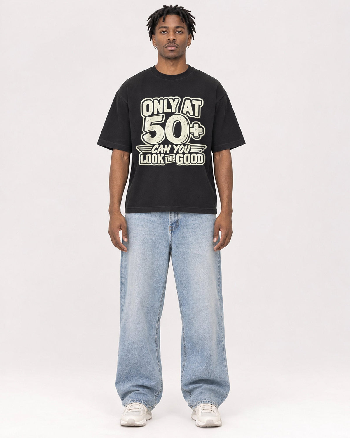 Mockup Boxy Heavyweight Tee Black male full-body 05