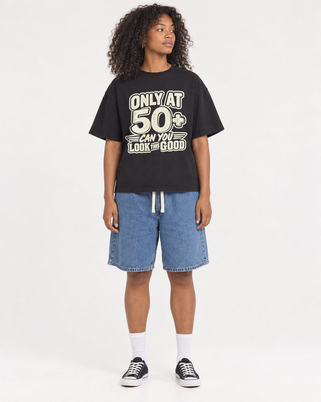 Mockup Boxy Heavyweight Tee Black female full-body 05