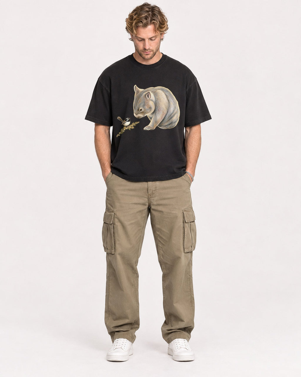Mockup Boxy Heavyweight Tee Black male full-body 28
