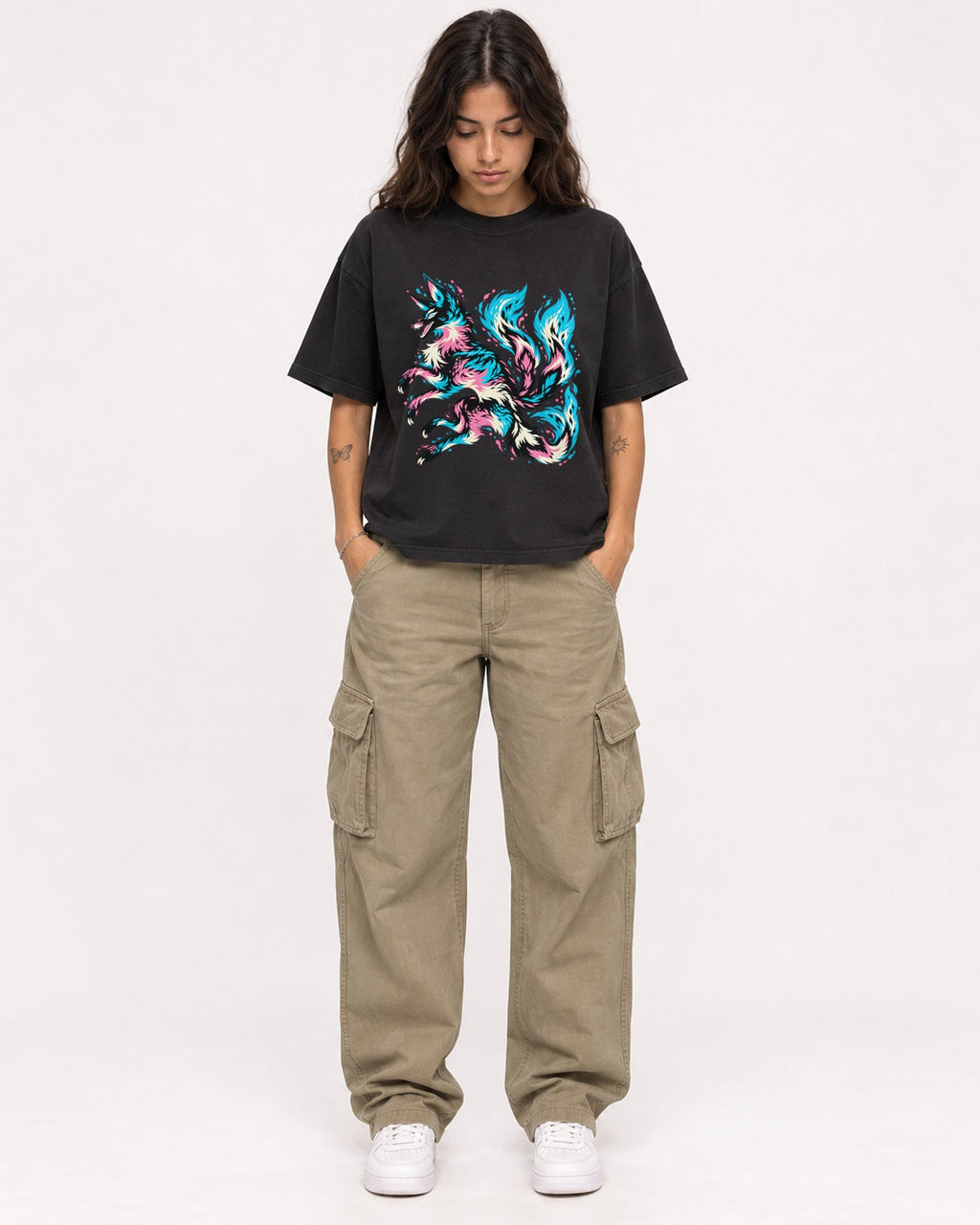 Mockup Boxy Heavyweight Tee Black female full-body 06