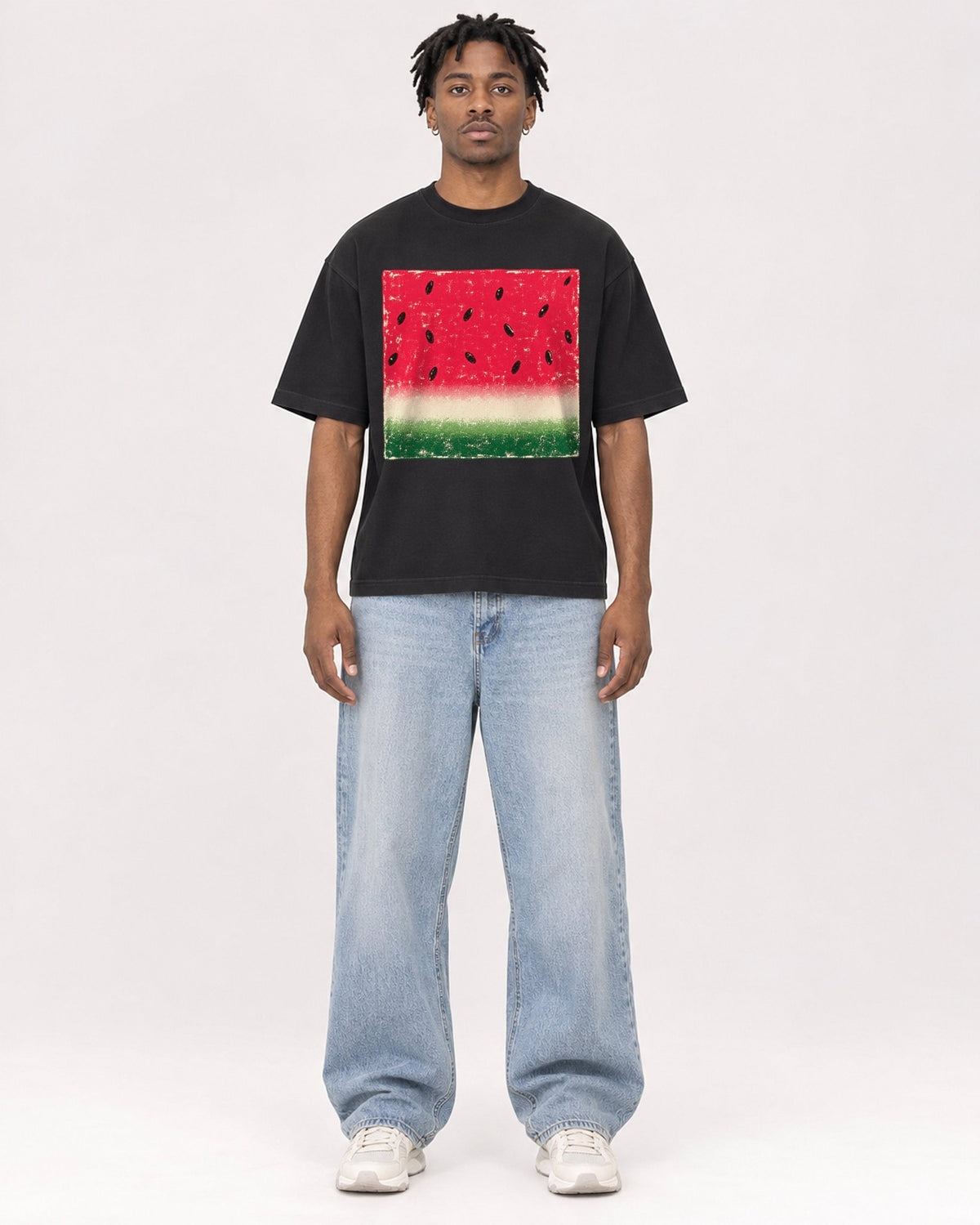 Mockup Boxy Heavyweight Tee Black male full-body 05