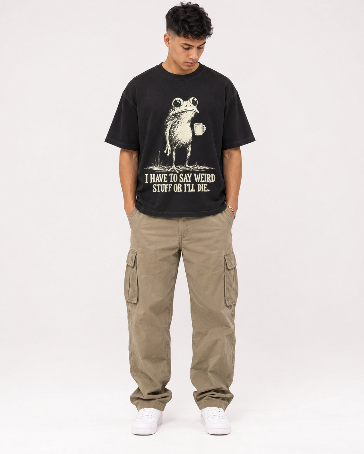 Mockup Boxy Heavyweight Tee Black male full-body 16
