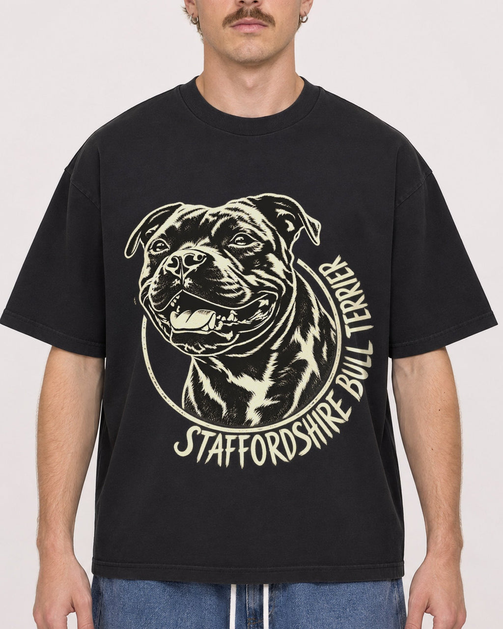 Mockup Boxy Heavyweight Tee Black male close-up 19