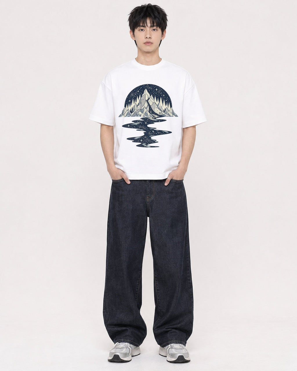 Mockup Boxy Heavyweight Tee White male full-body 01