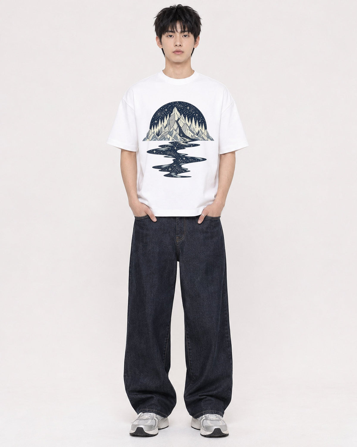 Mockup Boxy Heavyweight Tee White male full-body 01