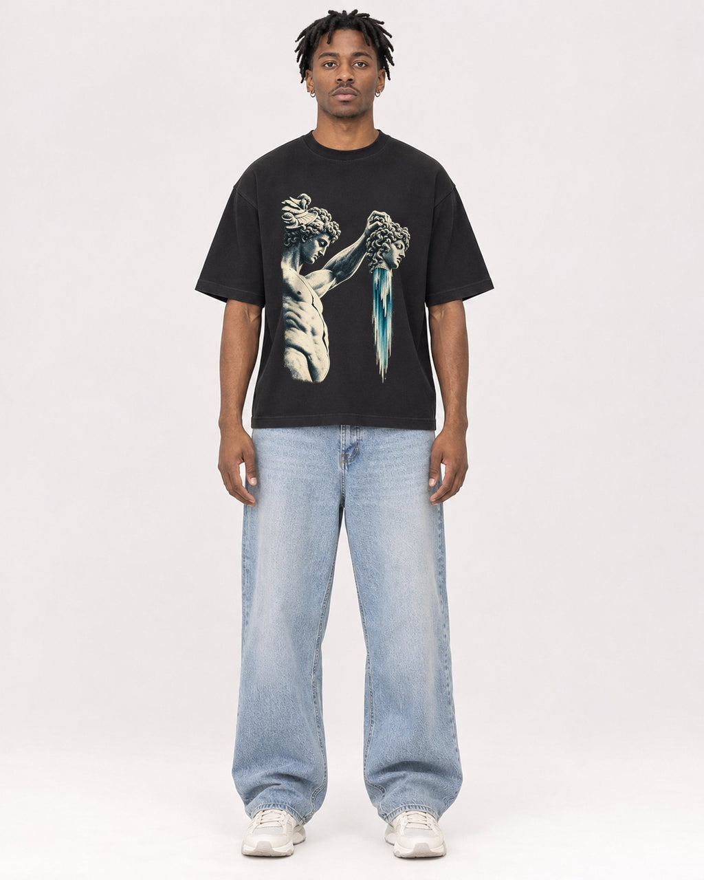 Mockup Boxy Heavyweight Tee Black male full-body 05
