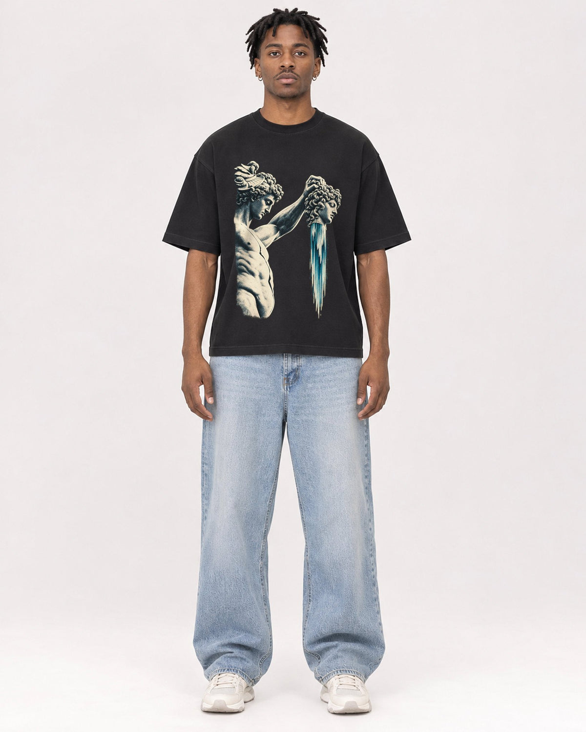 Mockup Boxy Heavyweight Tee Black male full-body 05