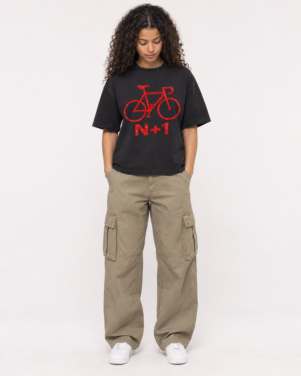 Mockup Boxy Heavyweight Tee Black female full-body 10