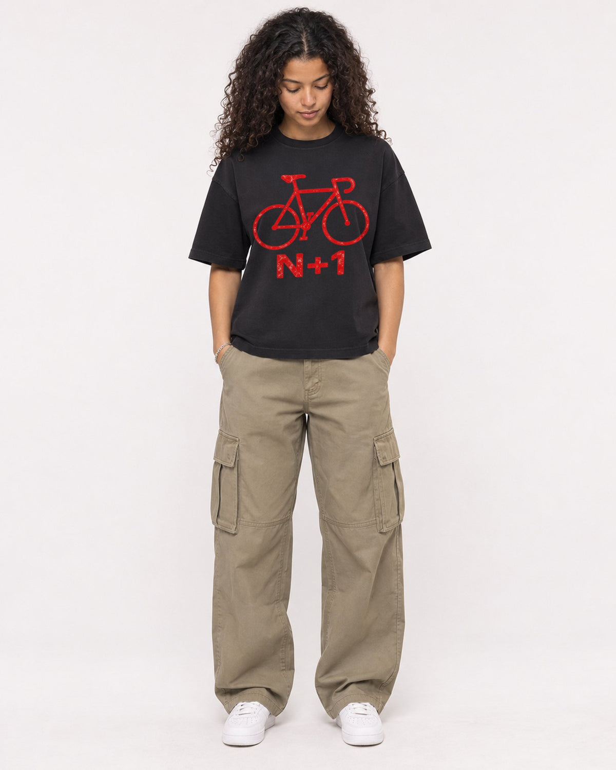Mockup Boxy Heavyweight Tee Black female full-body 10
