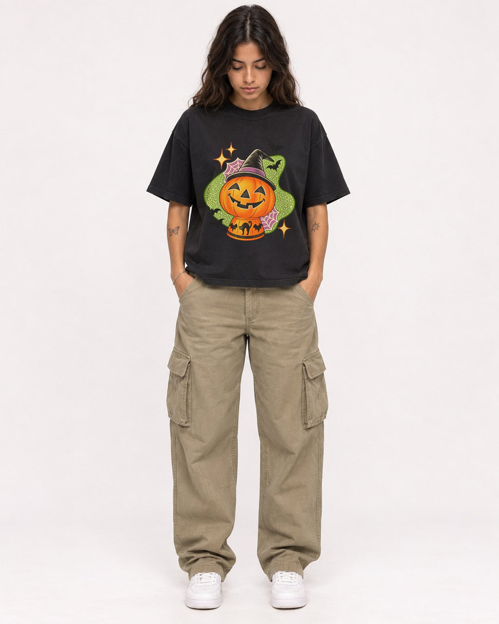 Mockup Boxy Heavyweight Tee Black female full-body 06