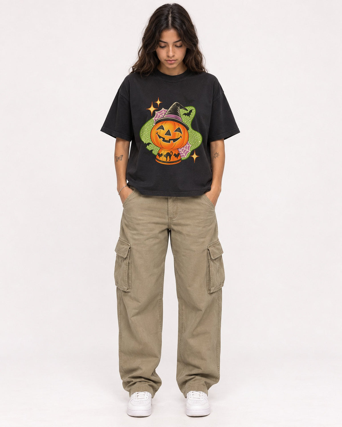 Mockup Boxy Heavyweight Tee Black female full-body 06