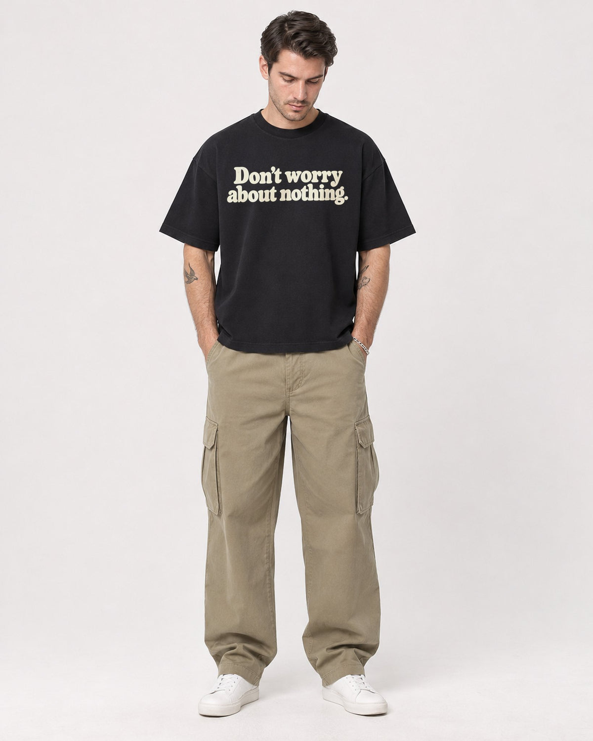 Mockup Boxy Heavyweight Tee Black male full-body 48