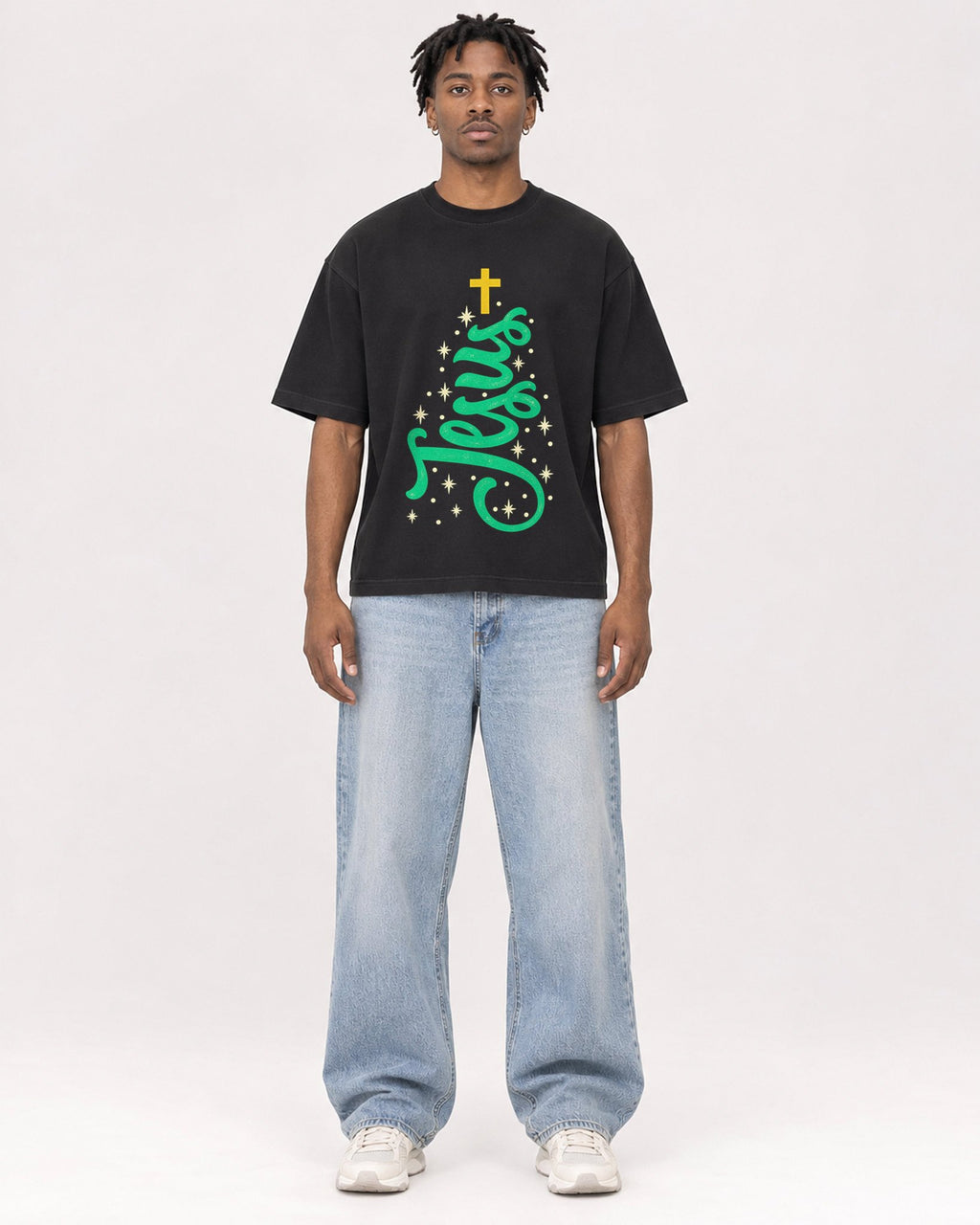 Mockup Boxy Heavyweight Tee Black male full-body 05