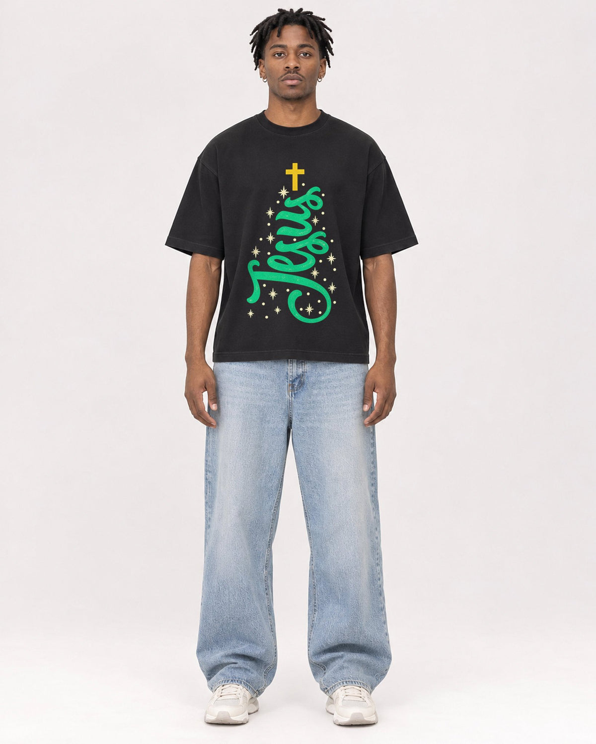 Mockup Boxy Heavyweight Tee Black male full-body 05