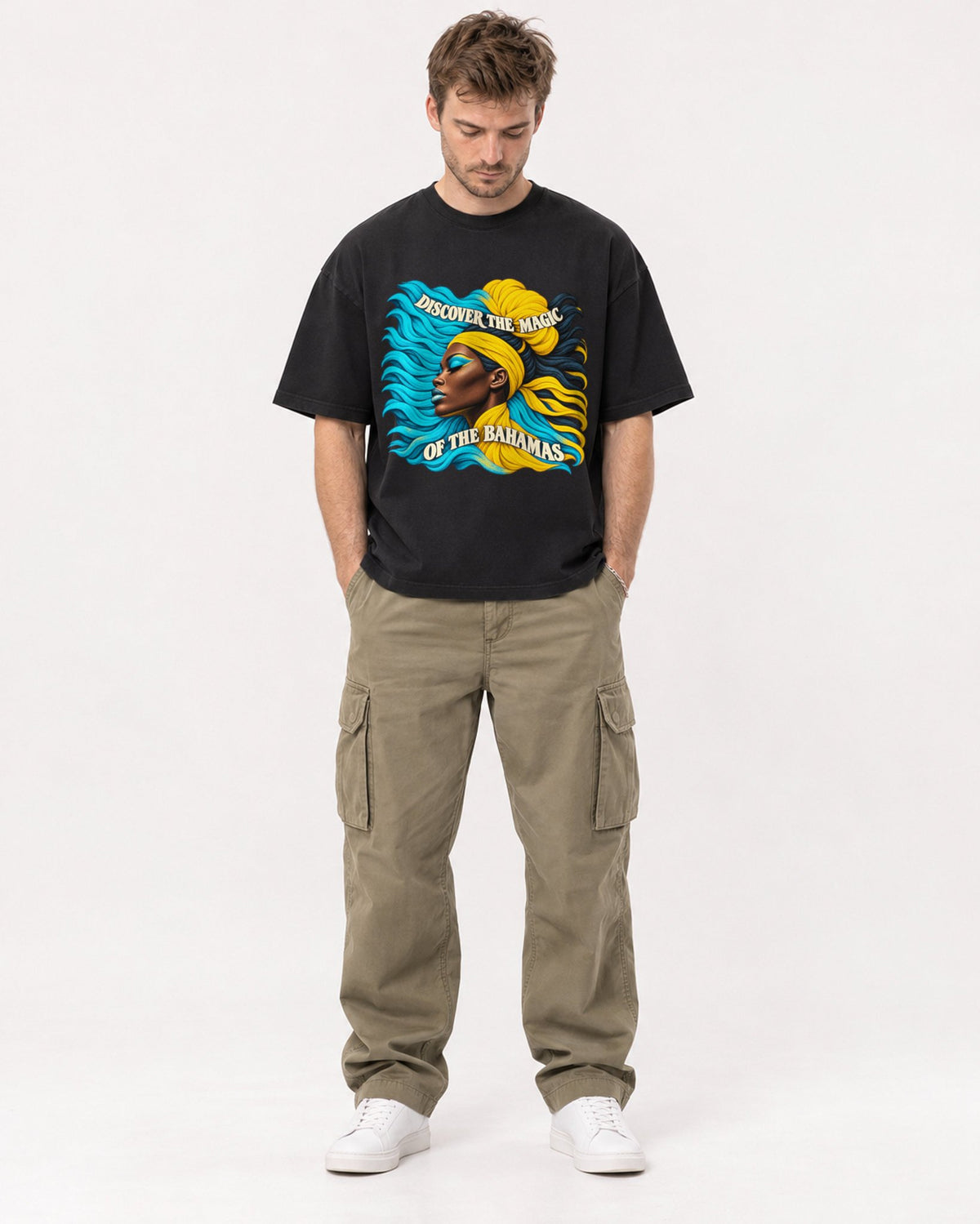 Mockup Boxy Heavyweight Tee Black male full-body 08