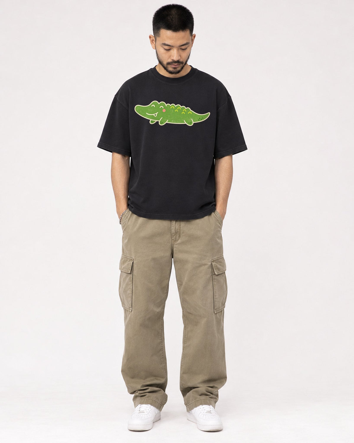 Mockup Boxy Heavyweight Tee Black male full-body 32