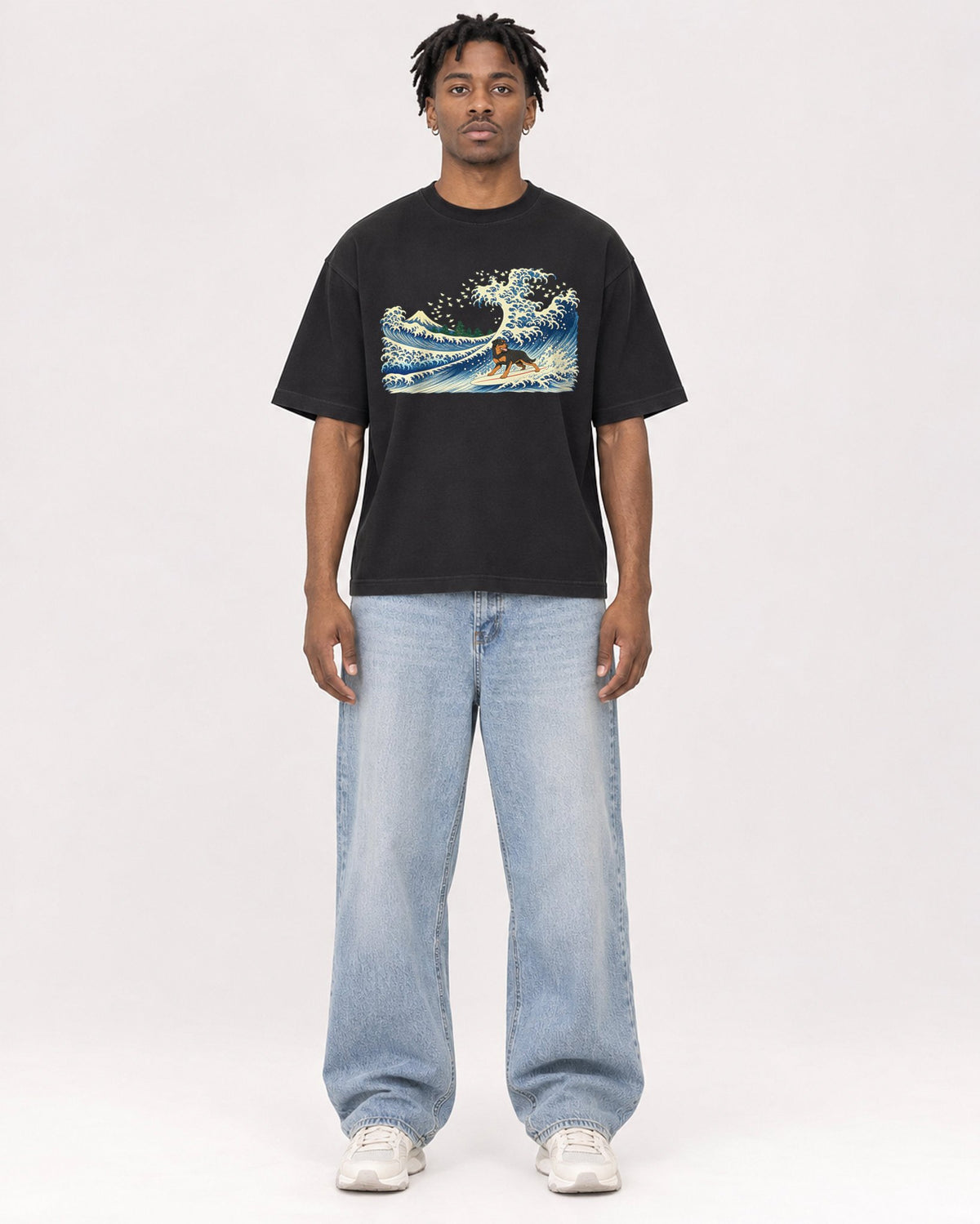 Mockup Boxy Heavyweight Tee Black male full-body 05