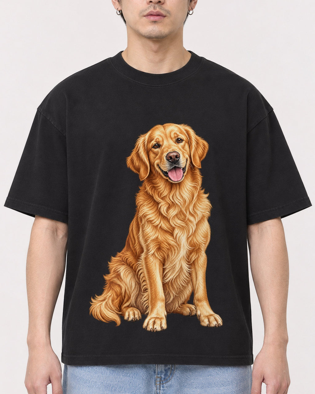 Mockup Boxy Heavyweight Tee Black male close-up 13
