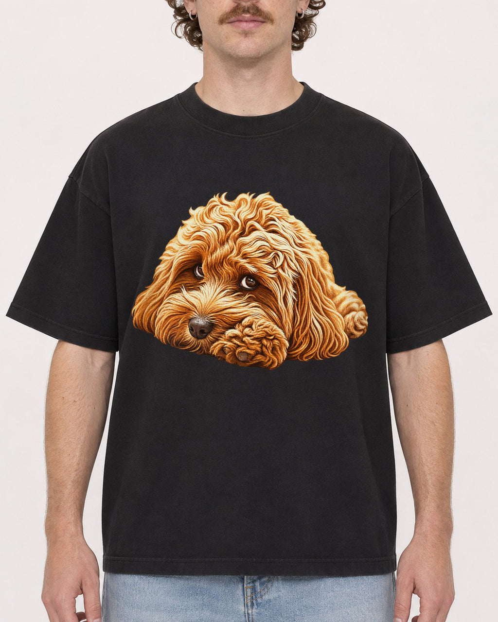 Mockup Boxy Heavyweight Tee Black male close-up 09