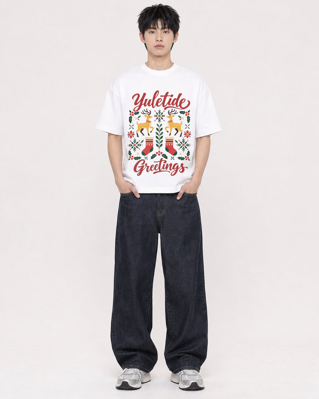 Mockup Boxy Heavyweight Tee White male full-body 01