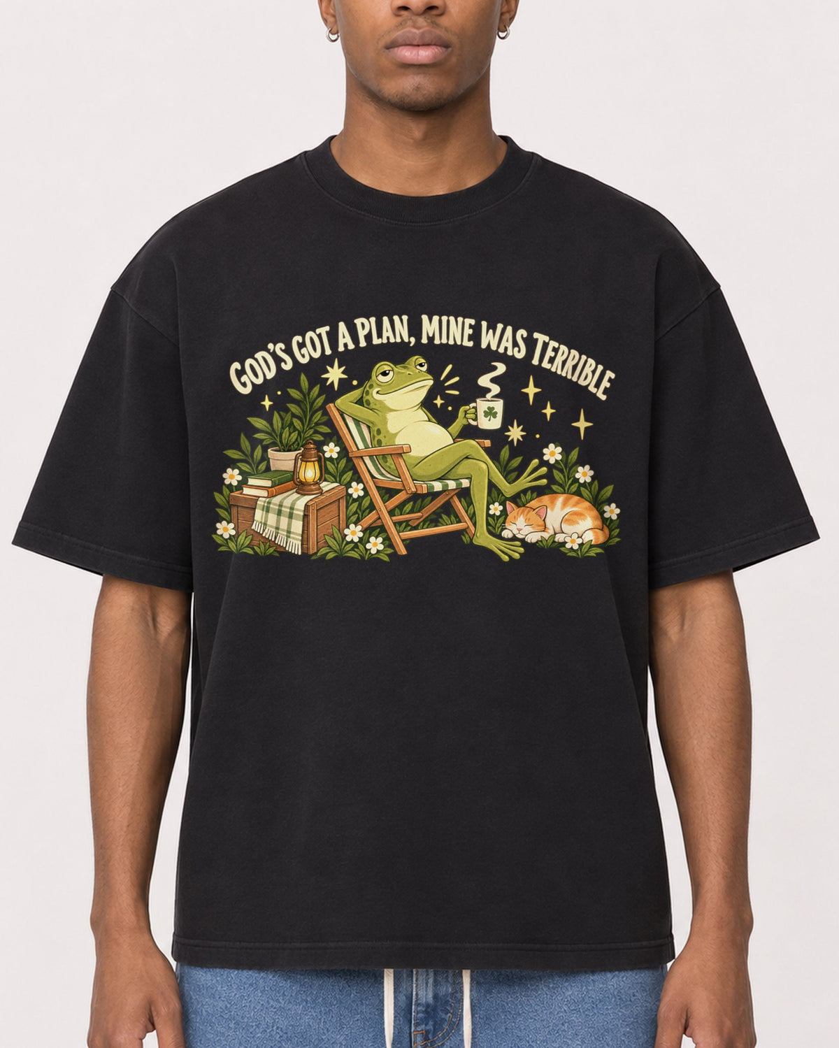 Mockup Boxy Heavyweight Tee Black male close-up 35