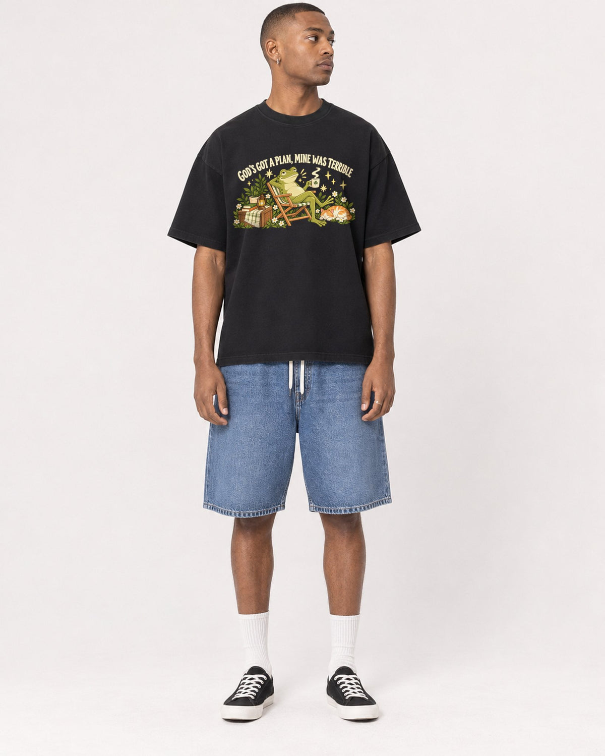 Mockup Boxy Heavyweight Tee Black male full-body 35