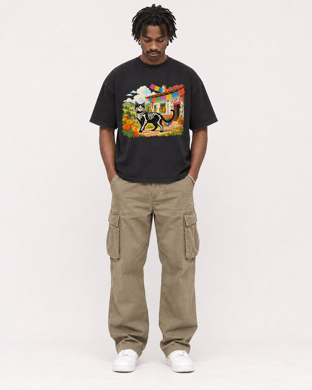 Mockup Boxy Heavyweight Tee Black male full-body 04