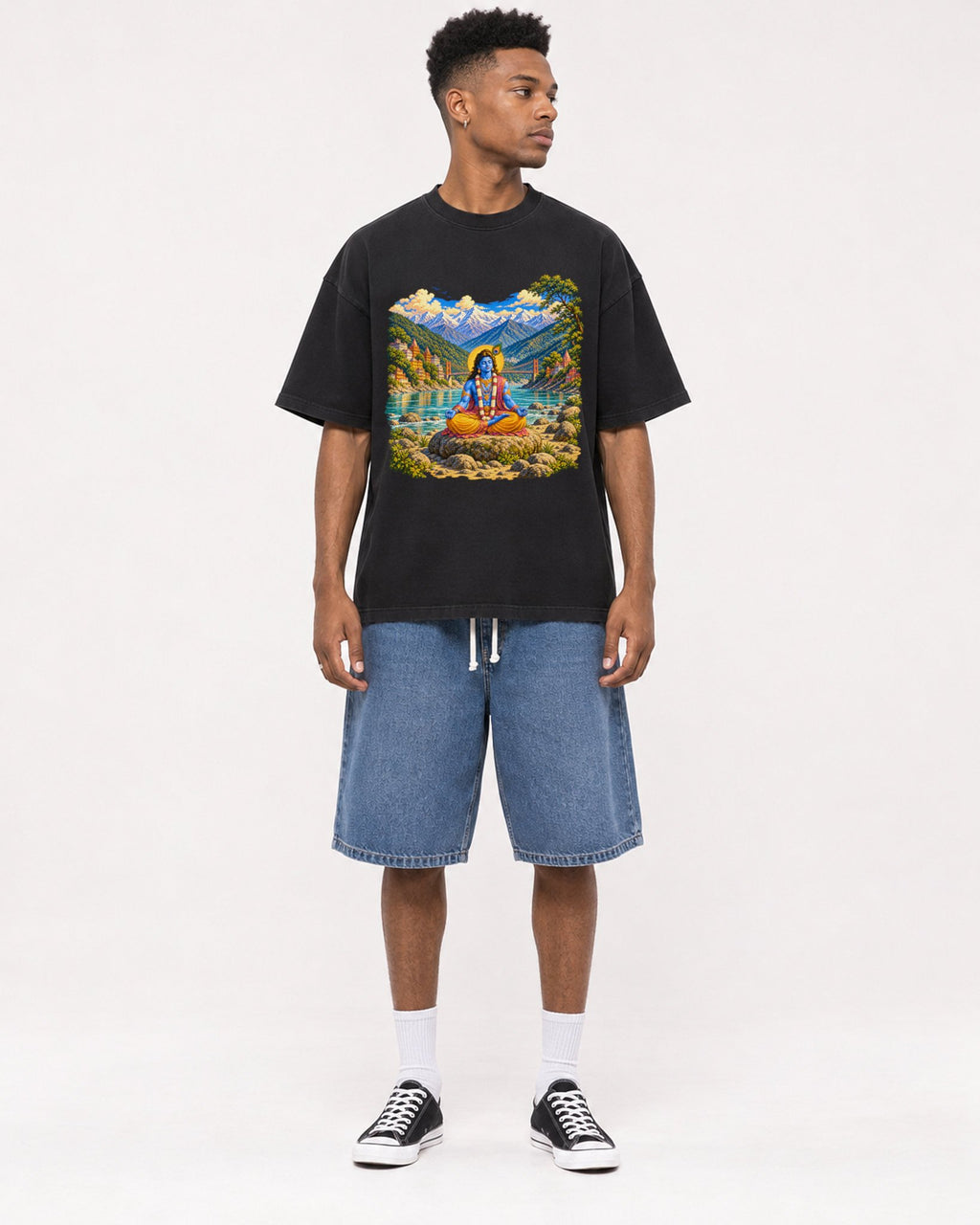 Mockup Boxy Heavyweight Tee Black male full-body 15