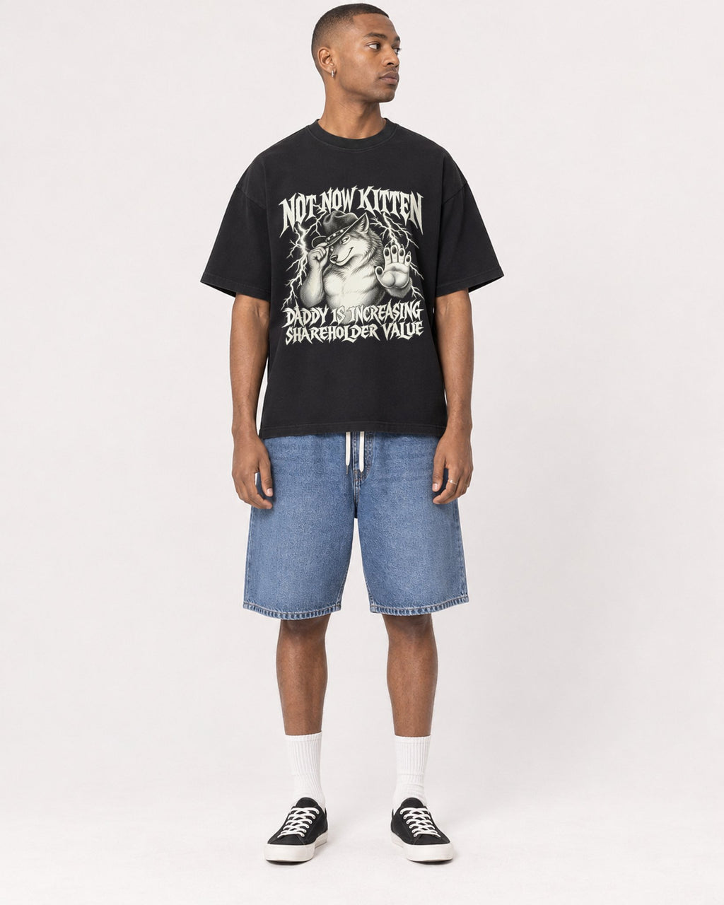 Mockup Boxy Heavyweight Tee Black male full-body 35