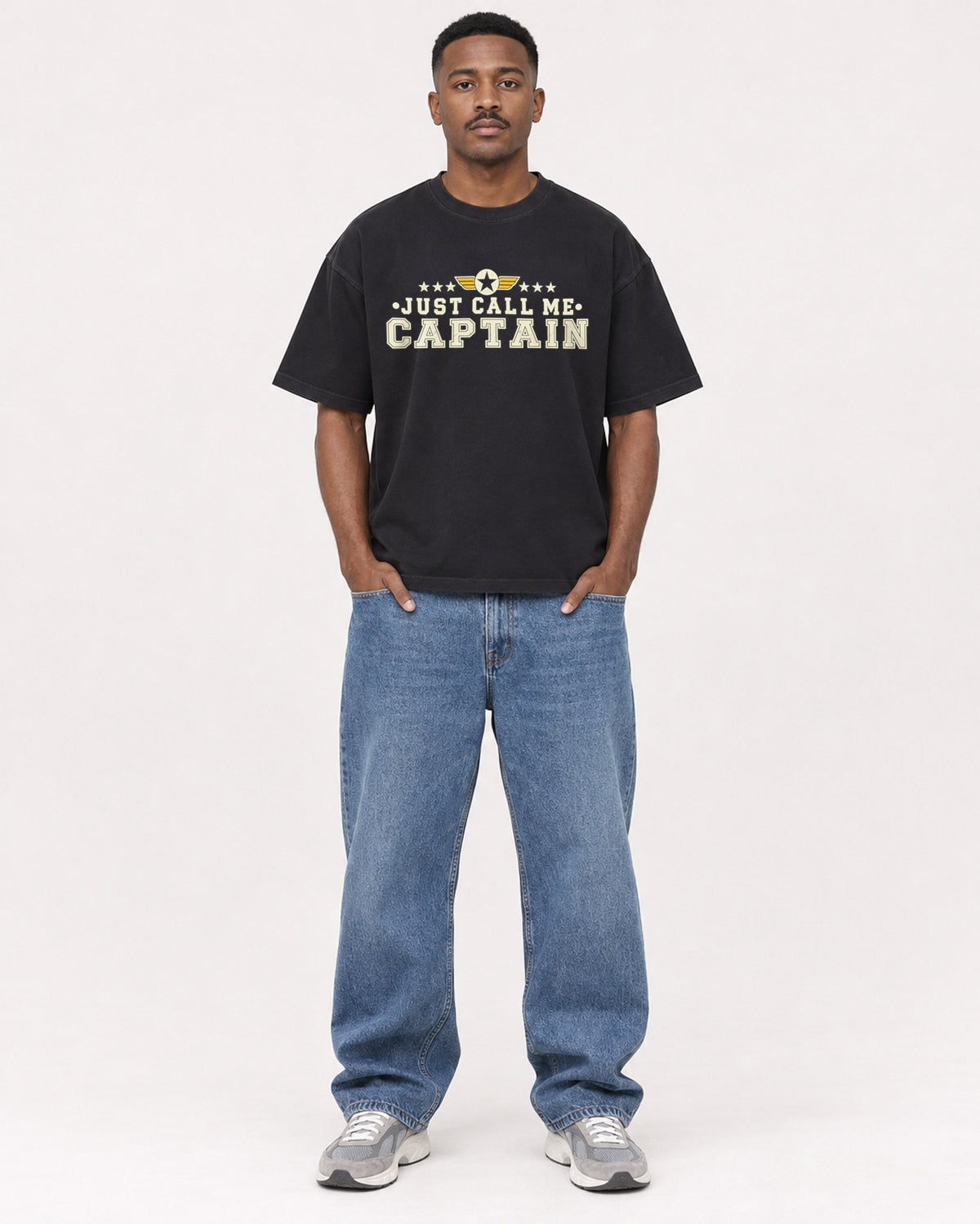 Mockup Boxy Heavyweight Tee Black male full-body 14