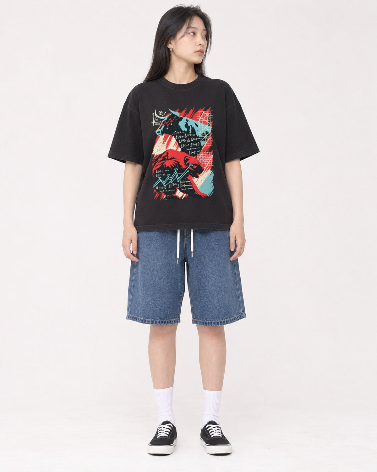 Mockup Boxy Heavyweight Tee Black female full-body 01