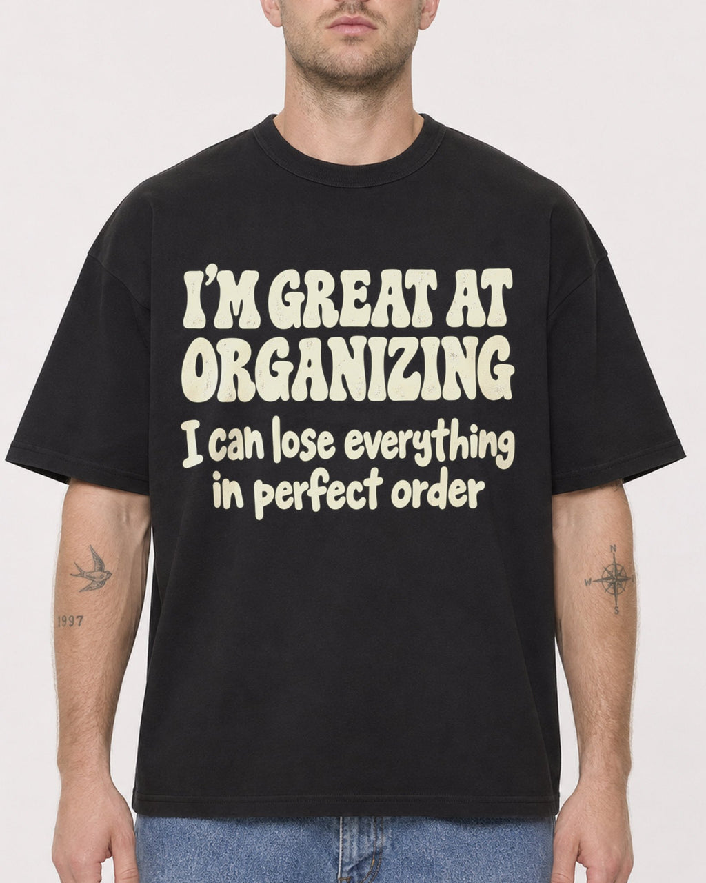 Mockup Boxy Heavyweight Tee Black male close-up 18