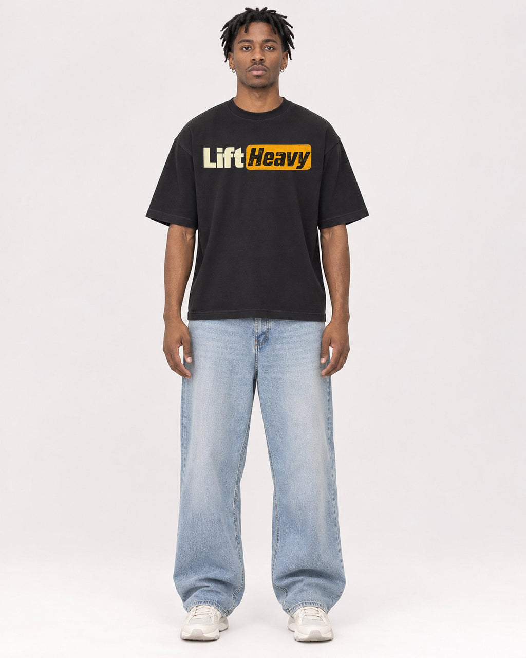 Mockup Boxy Heavyweight Tee Black male full-body 05