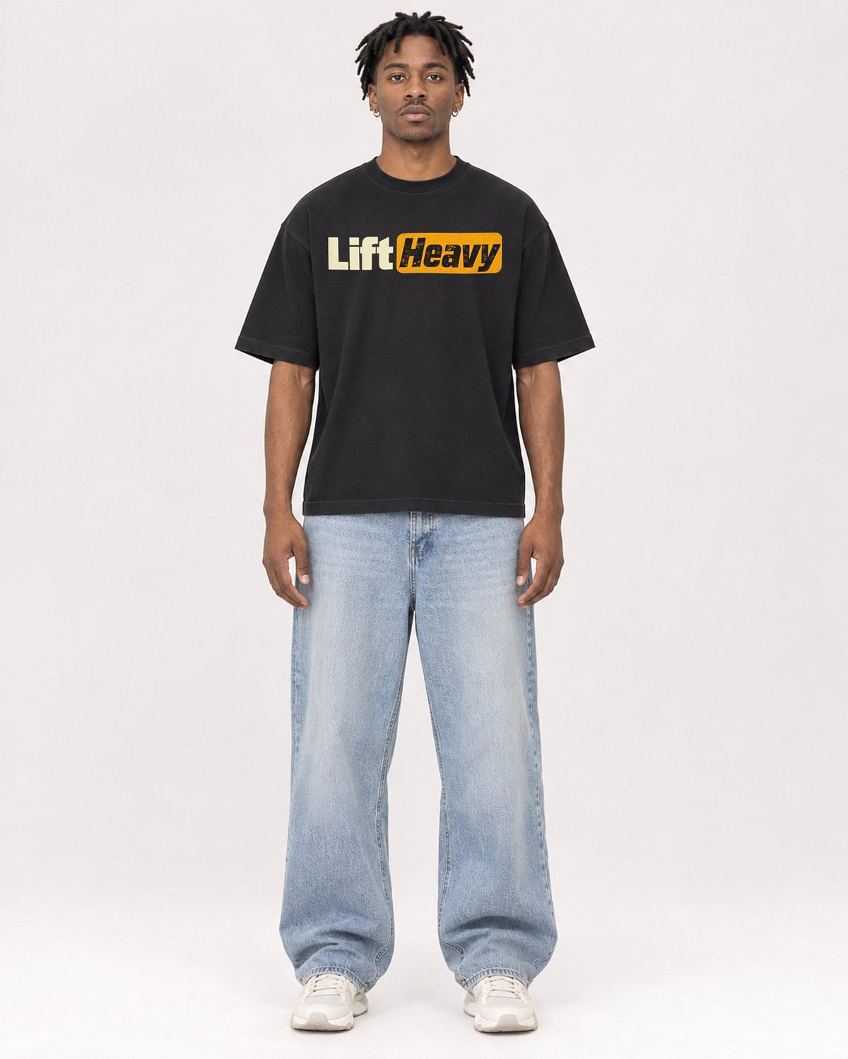 Mockup Boxy Heavyweight Tee Black male full-body 05