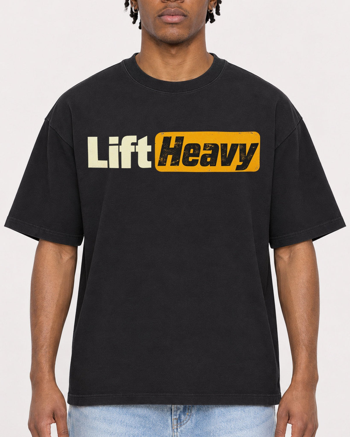Mockup Boxy Heavyweight Tee Black male close-up 05