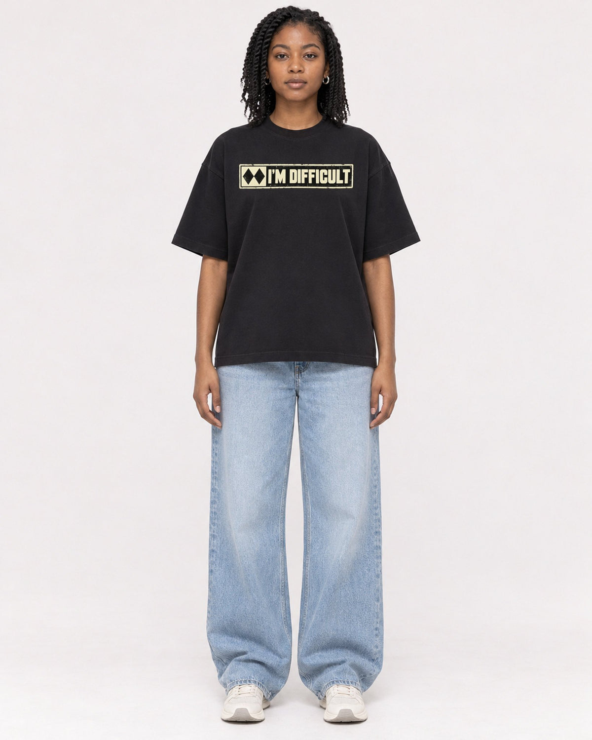 Mockup Boxy Heavyweight Tee Black female full-body 15