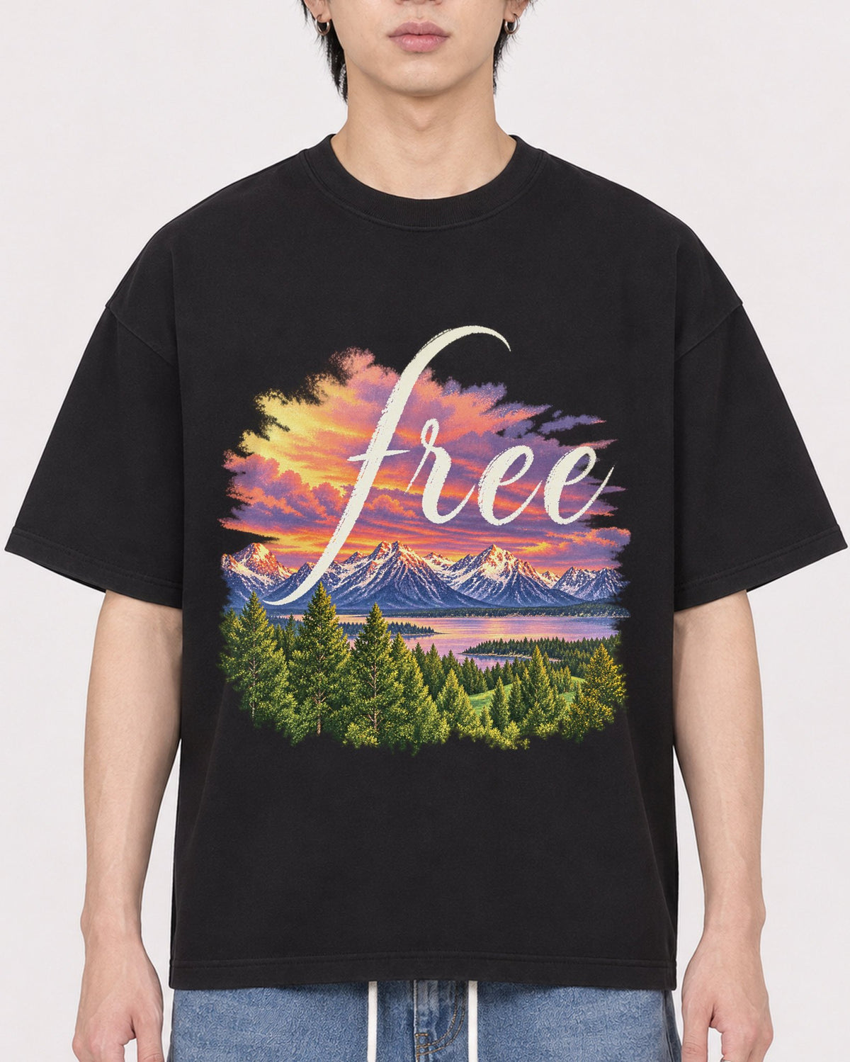 Mockup Boxy Heavyweight Tee Black male close-up 11