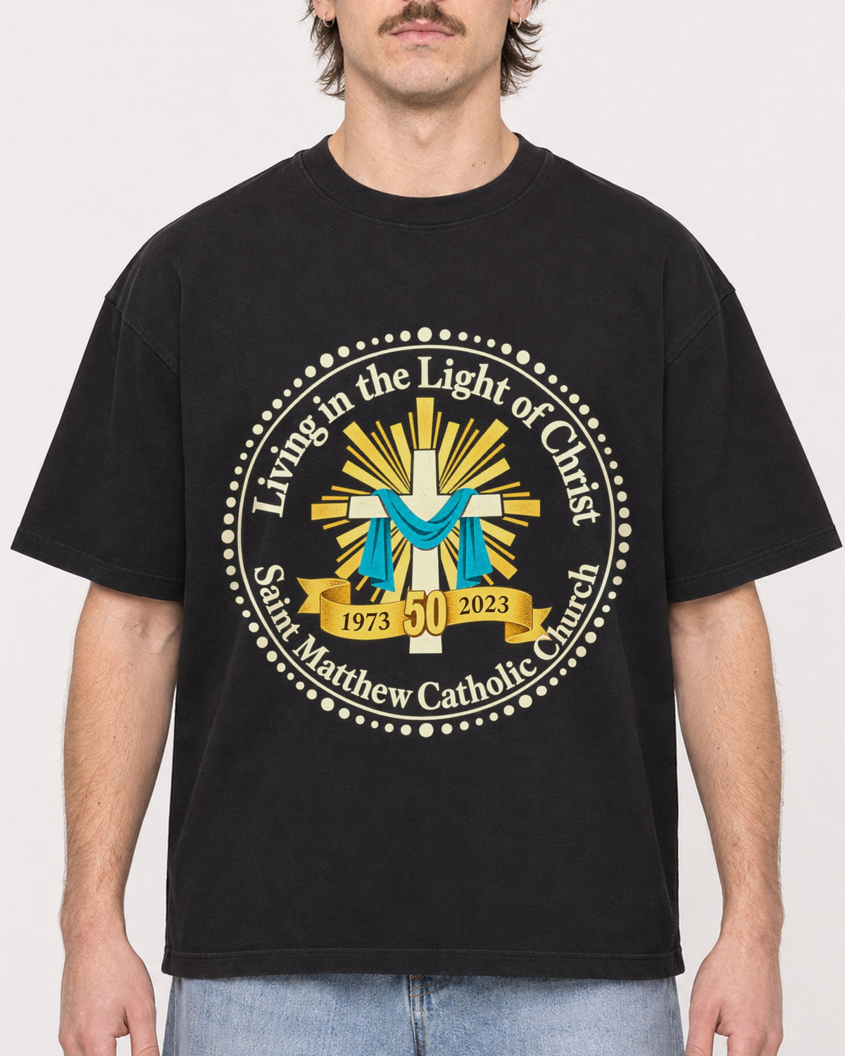 Mockup Boxy Heavyweight Tee Black male close-up 29