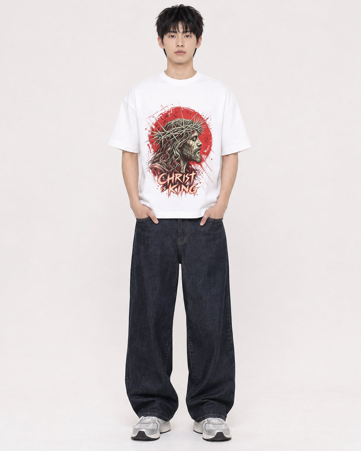 Mockup Boxy Heavyweight Tee White male full-body 01