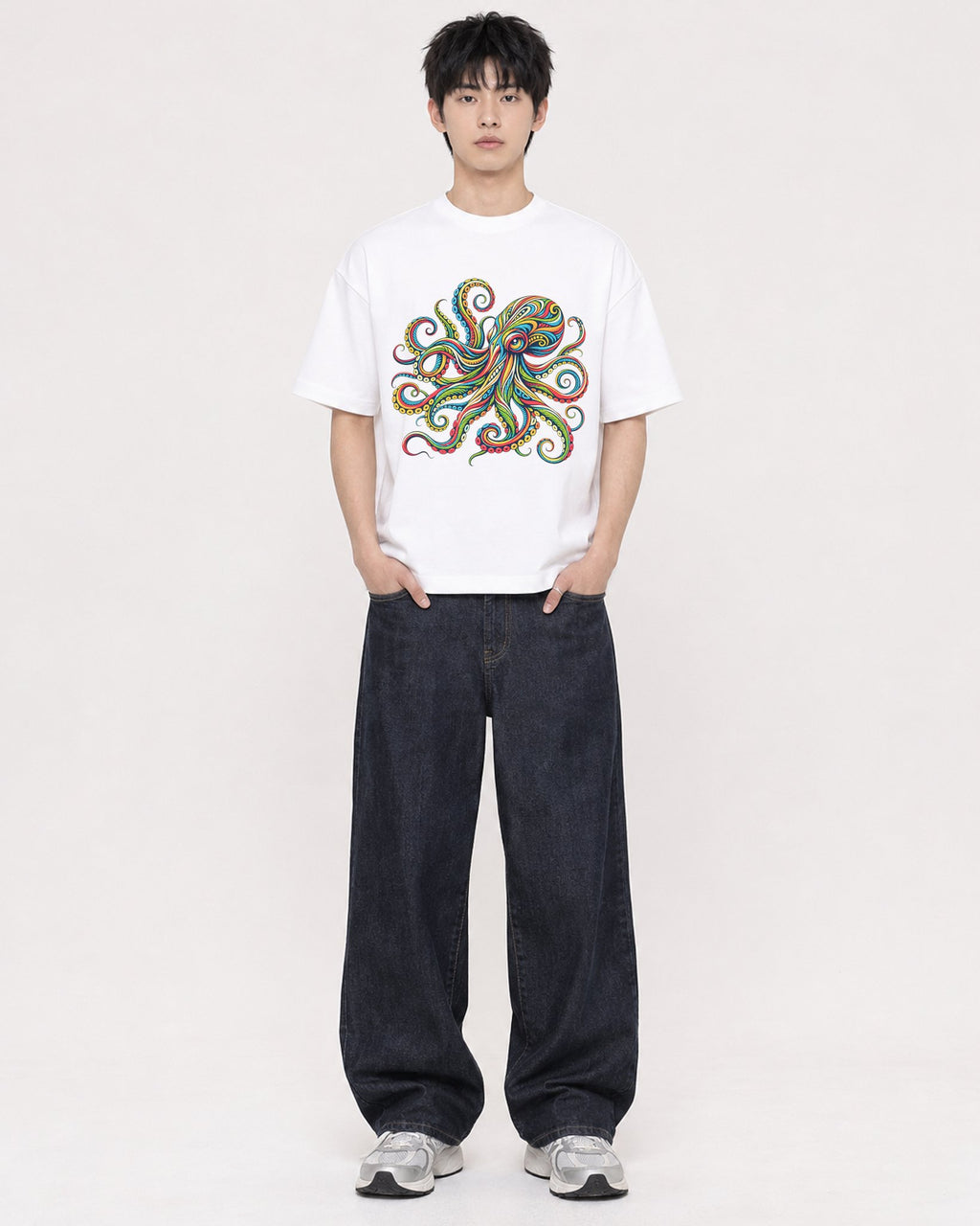 Mockup Boxy Heavyweight Tee White male full-body 01