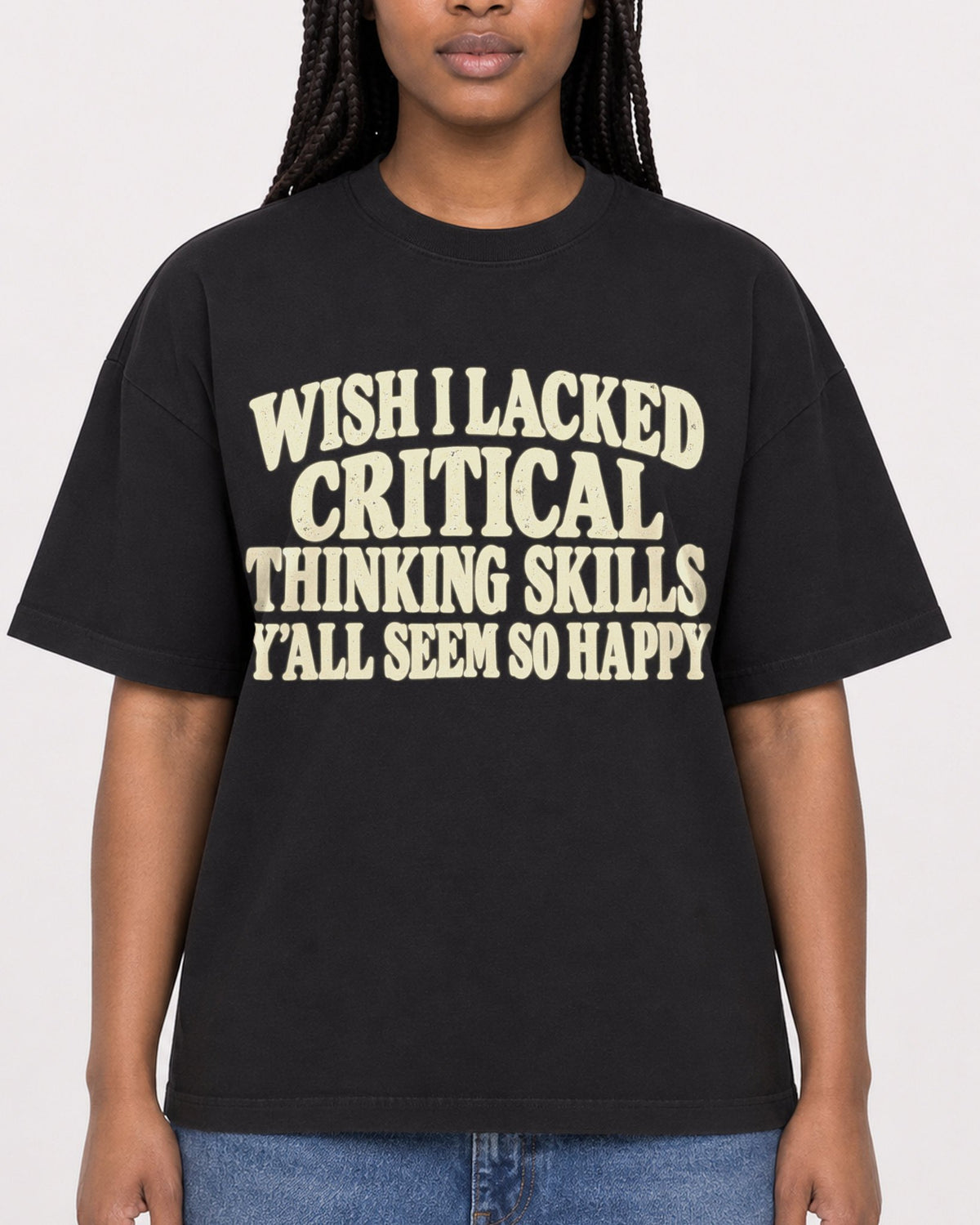 Mockup Boxy Heavyweight Tee Black female close-up 04