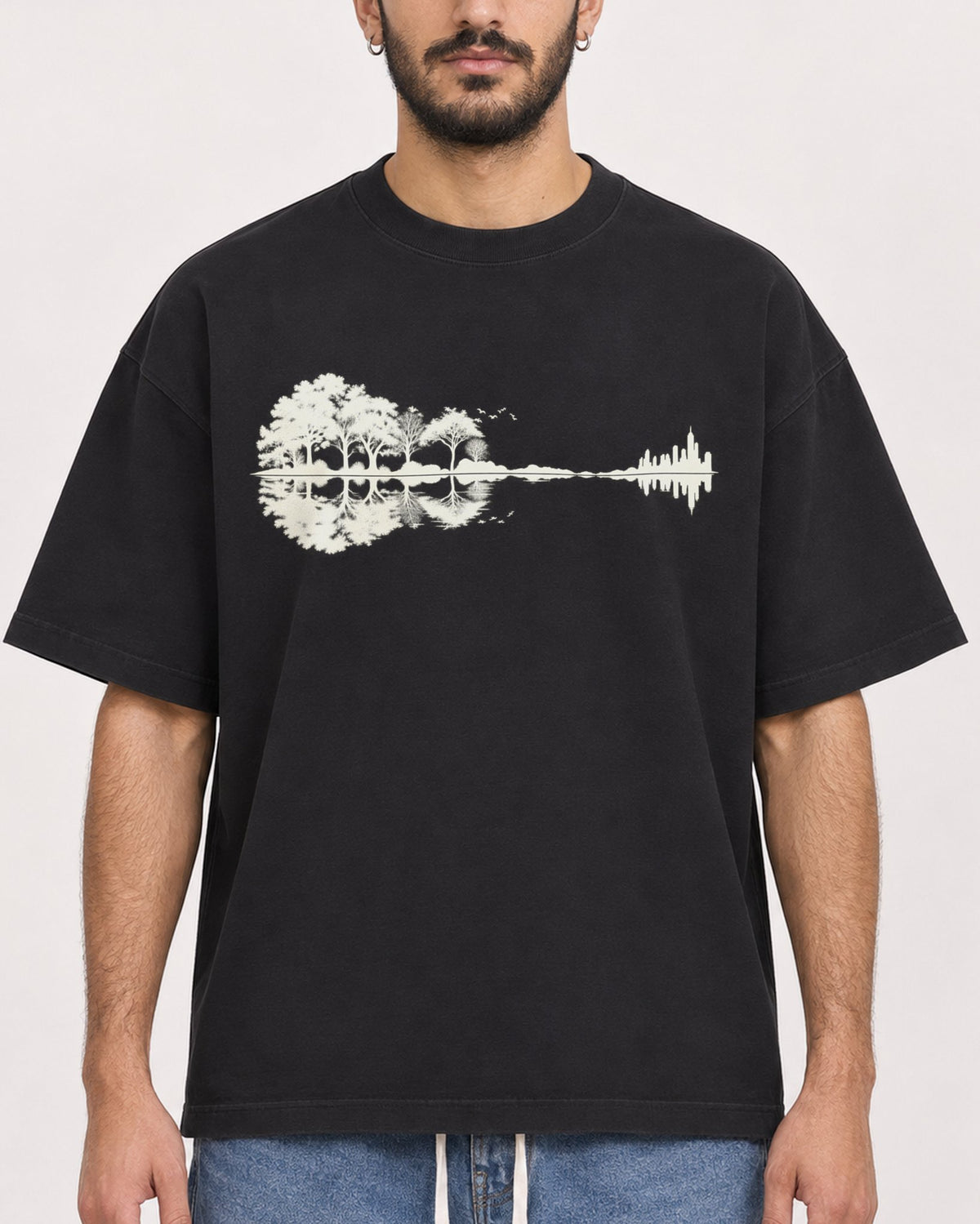 Mockup Boxy Heavyweight Tee Black male close-up 07