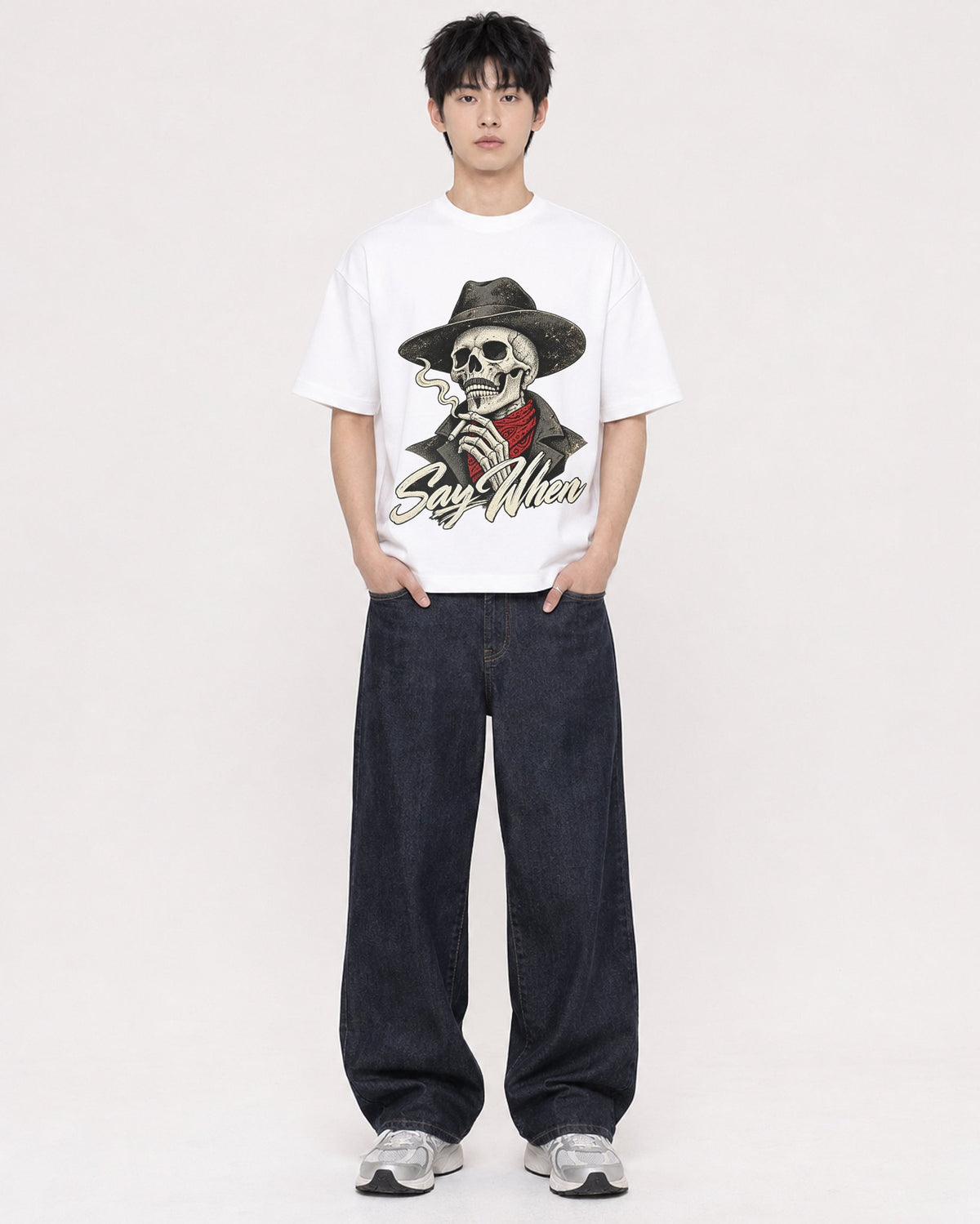 Mockup Boxy Heavyweight Tee White male full-body 01