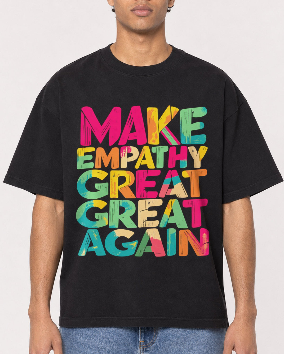 Mockup Boxy Heavyweight Tee Black male close-up 10