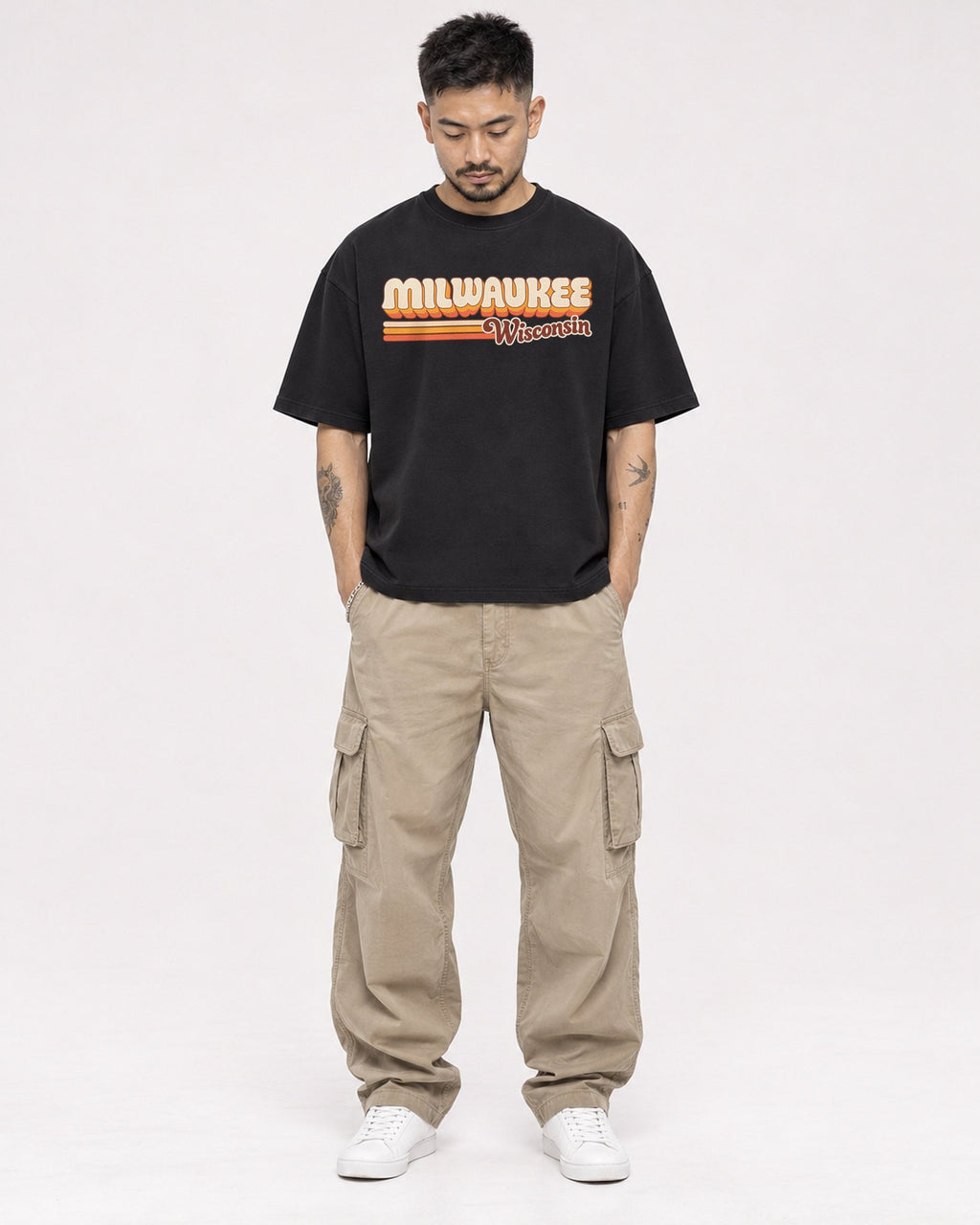 Mockup Boxy Heavyweight Tee Black male full-body 12